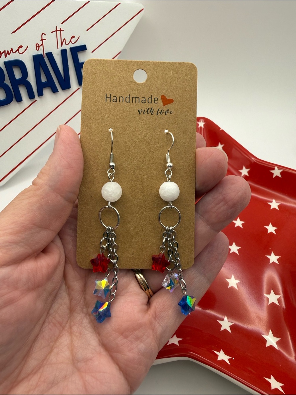 Patriotic Red White Blue AB Star Dangle Earrings Stainless Steel USA Jewelry